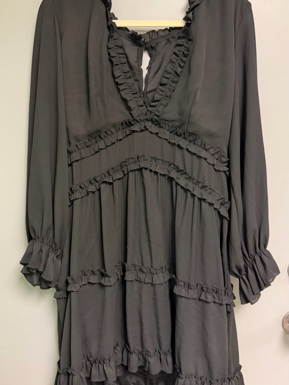 Ruffled V-Neck Long Sleeve Black Dress